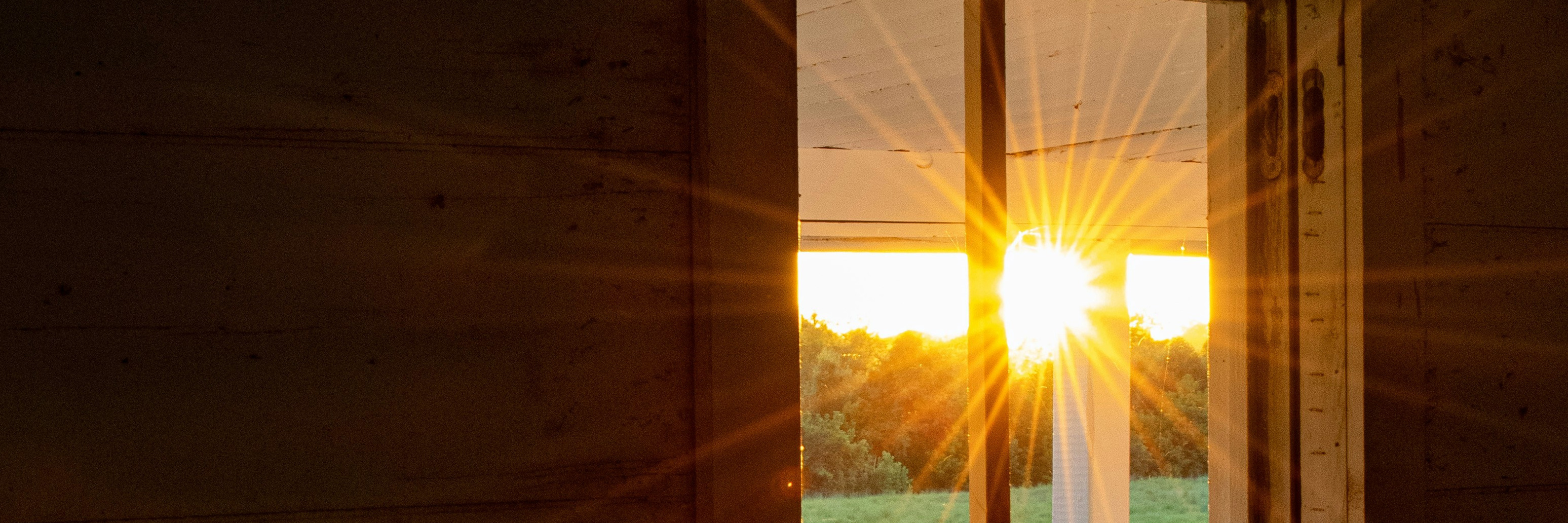 An open doorway leading to a sunlit path, with the interior in soft shadow